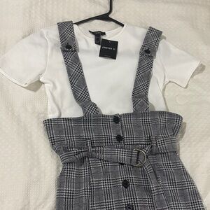 Forever 21 Gray Plaid Suspender Skirt with White Tee